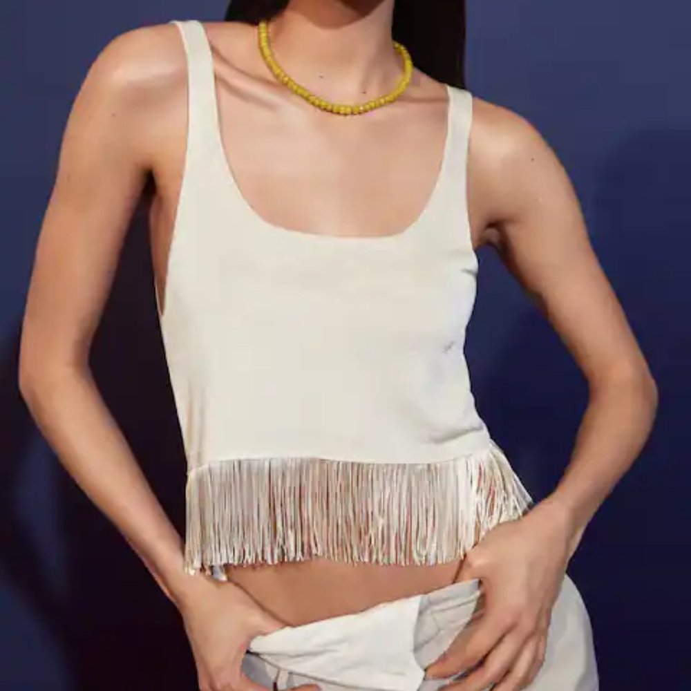 MANGO | Flowers Knitted/Fringed Cropped Top